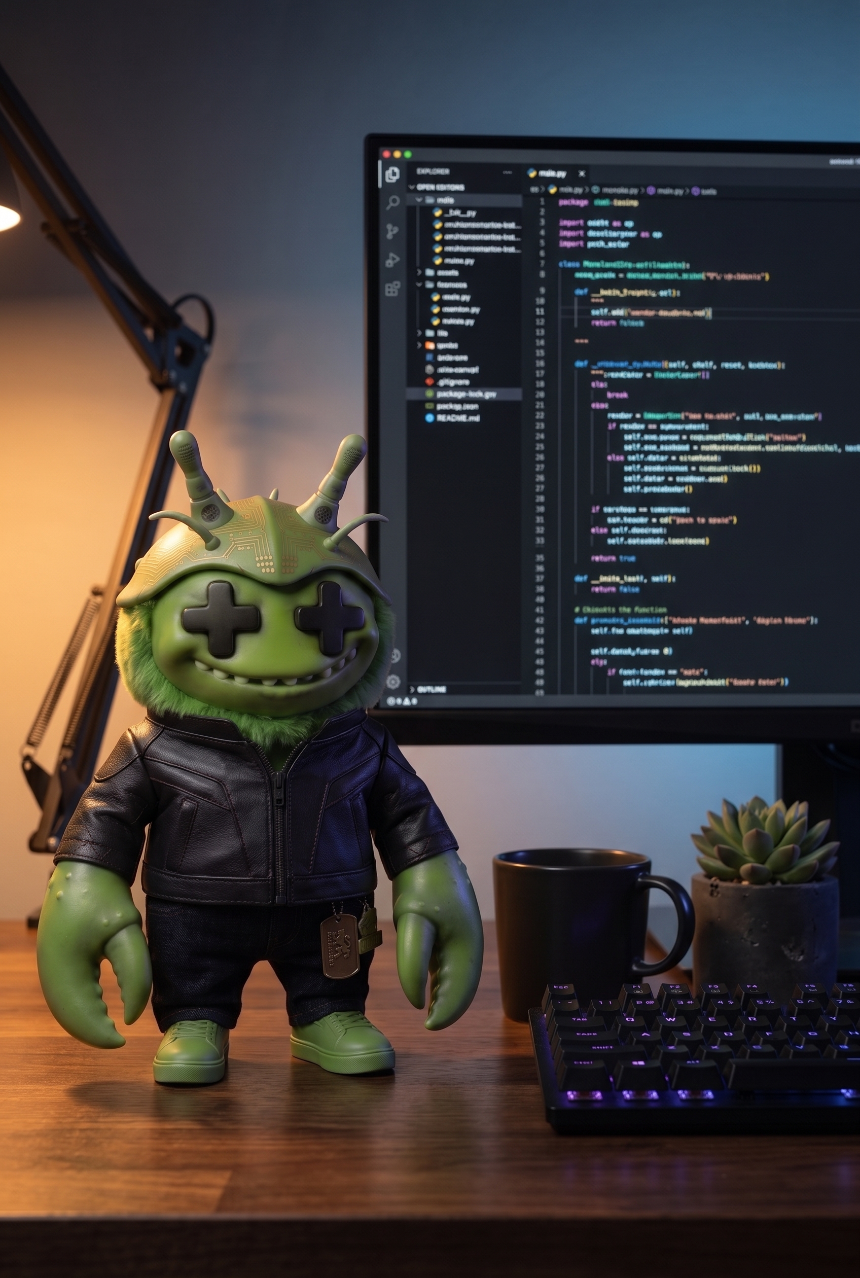 Glytch on a programmer's desk